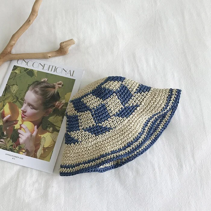 Summer Handwoven Straw Yarn Crochet Sun Hat Women Beach Hats Plaid Bob Fisherman Cap Women Panama Hats