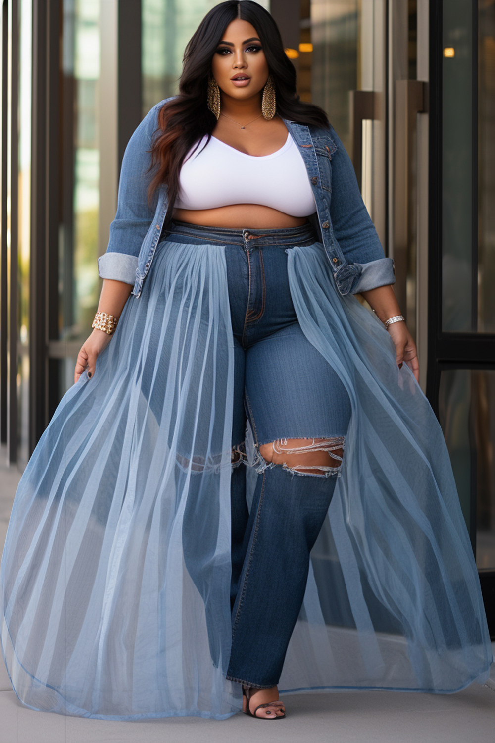 Design Plus Size Daily Blue Contrast Ripped Denim Jeans With Tulle Skirt [Pre-Order]