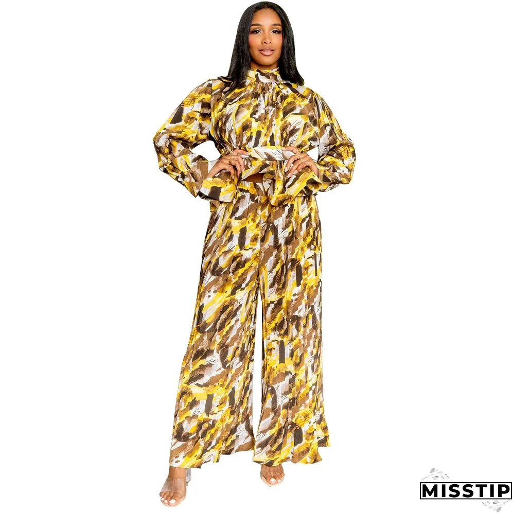 Women Lantern Long Sleeve Top and Wide Leg Pants Printed Casual Two-piece Set
