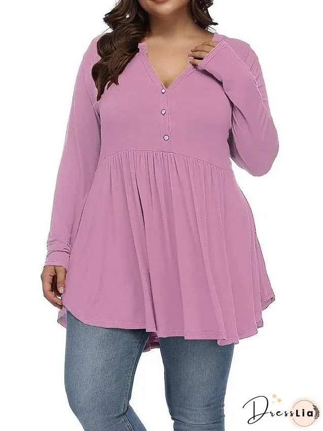 T shirt Tee Light Blue claret Deep Purple Plain Button Flowing tunic Long Sleeve Daily Weekend Basic V Neck Long Plus Size L for Women