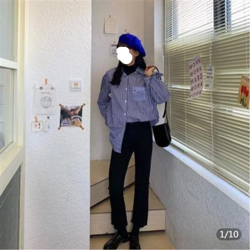 Uveng Uveng New Spring And Autumn Korean Version Of The Loose Salt Long-Sleeved Striped Shirt Women Wear Retro Hong Kong-Style Tops