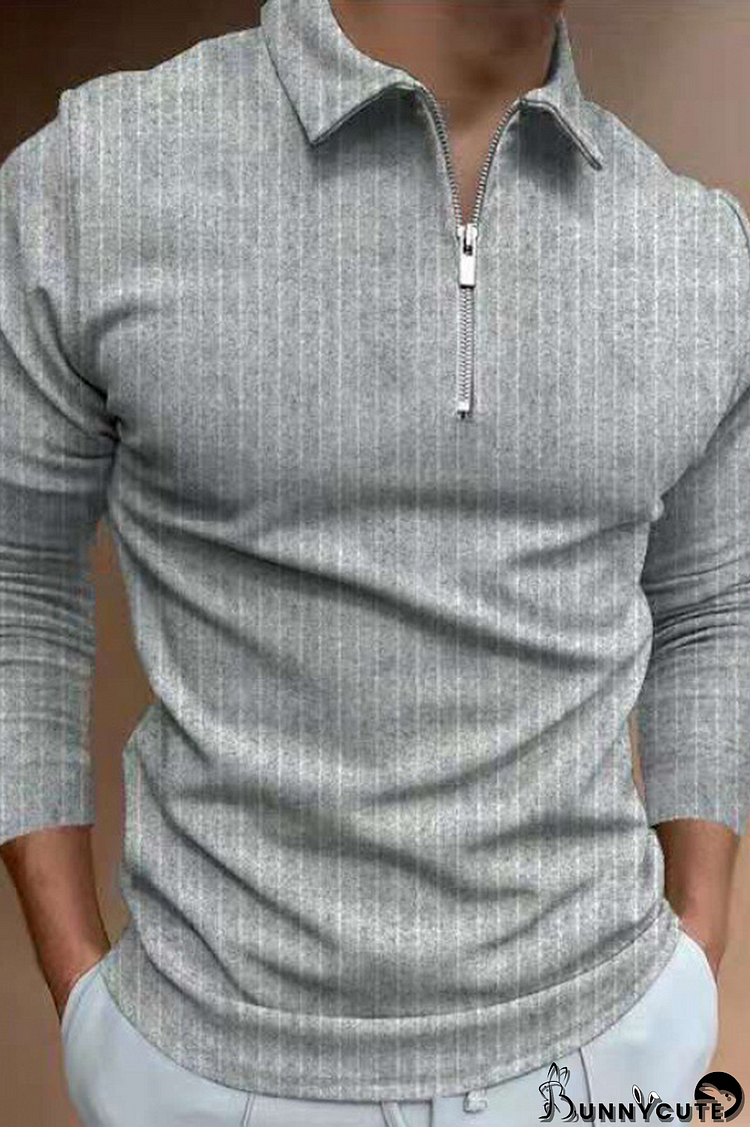 Light Gray Casual Striped Split Joint Zipper POLO collar Tops