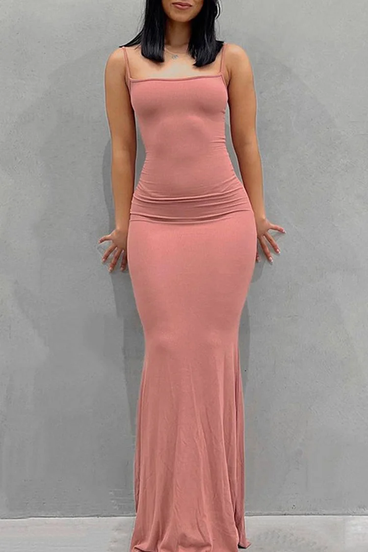Pink Sexy Solid Split Joint Spaghetti Strap Sling Dress Dresses