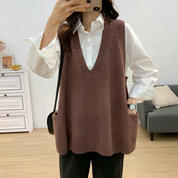 Plus Size 4XL Women Sweater Vest V-neck Solid Pockets Knitted Loose All Match Pullover Casual Elegant Trendy Japanese Style Chic