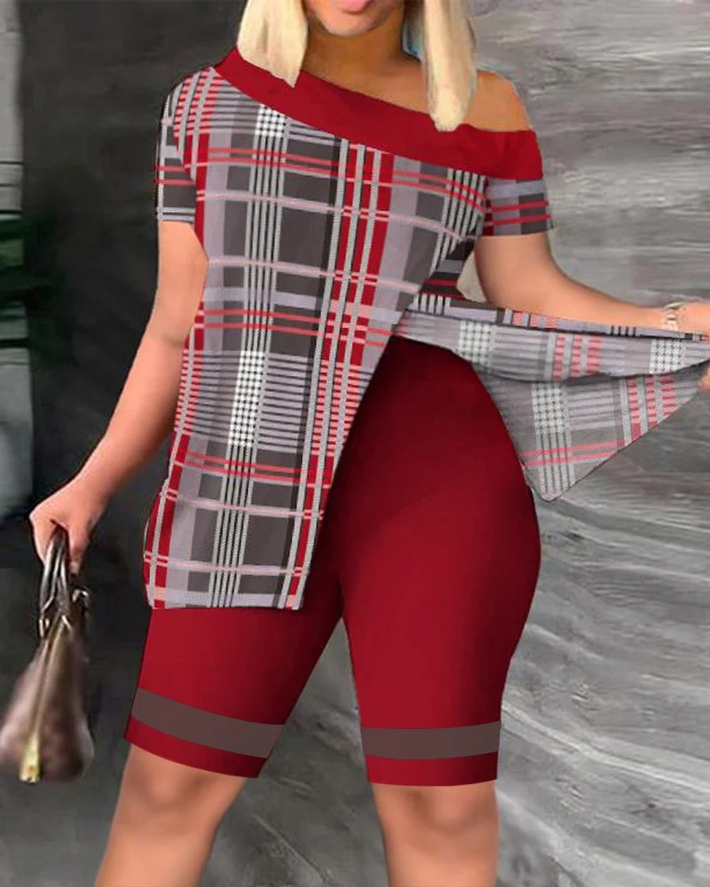 Uveng Uveng New Women's Wear Inclined Collar Short Sleeve Open-Sleeve Fork Shorts Set