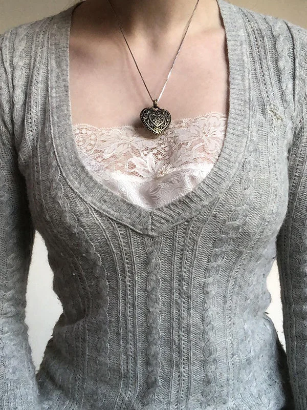 Brownm V-neck lace patchwork cable knit top