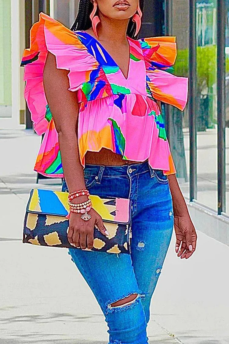 Plus Size Vacation Floral Print Rose Red Ruffle V Neck Cap Sleeve Blouses [Pre-Order]