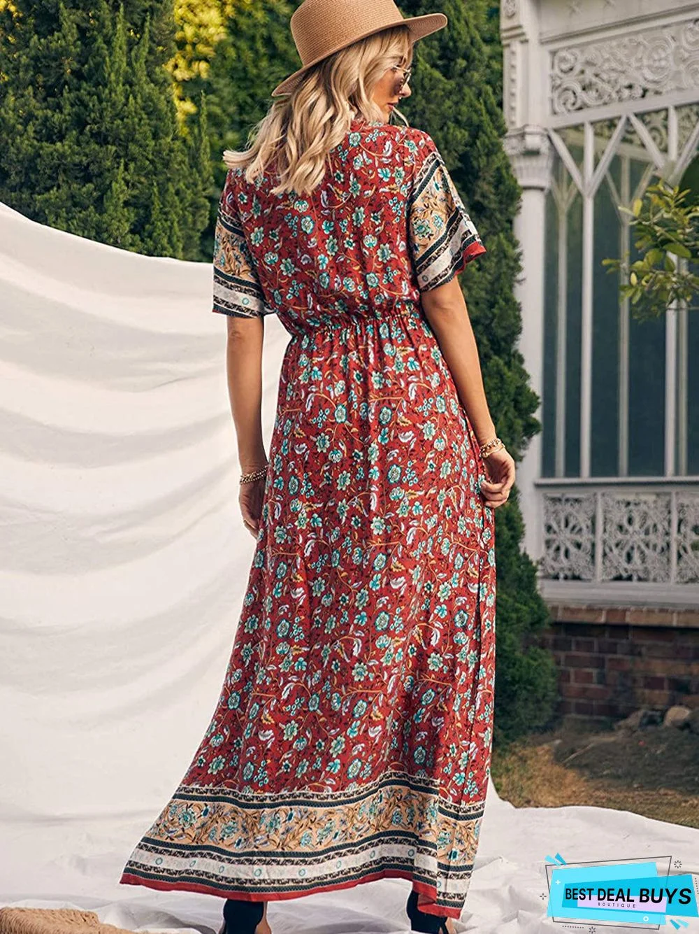 Bohemian Print V-neck Waist Dress Resort Beach Dress