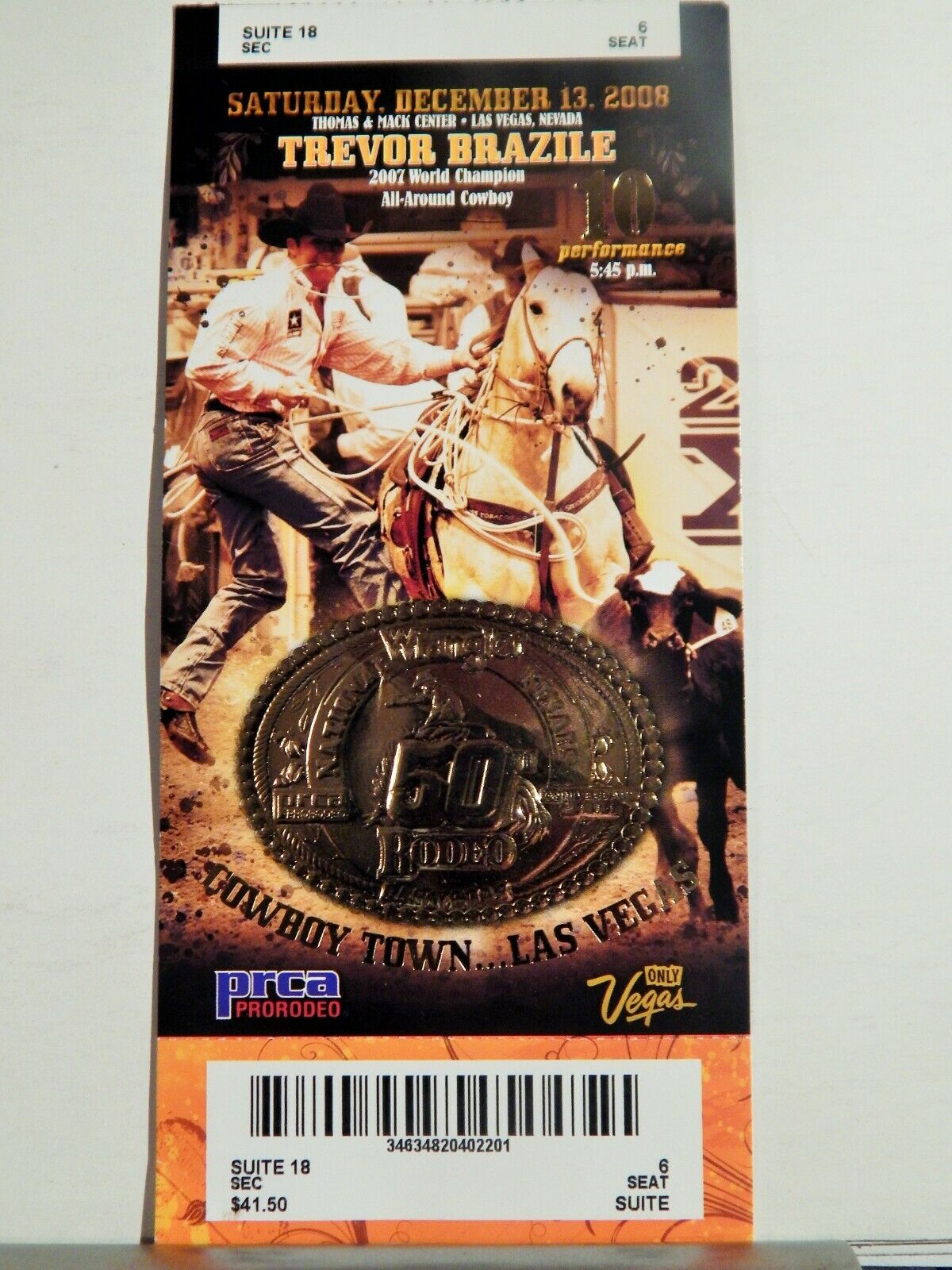 2008 NATIONAL FINALS RODEO LG ORIGINAL USED TICKET TREVOR BRAZILE COLOR Photo Poster painting