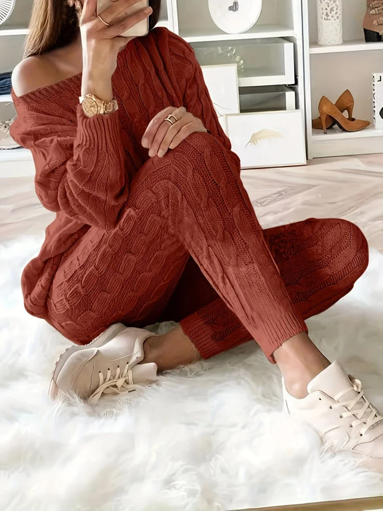 Stylish Knitted Long Sleeve Sweater & Pants Two-Piece Set