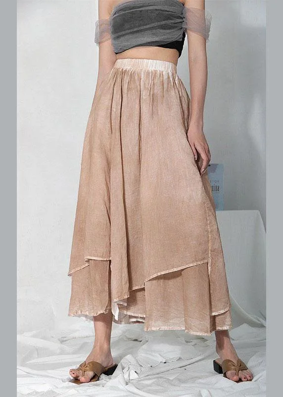 Simple Khaki Elastic Waist Asymmetrical design Skirt Cotton Linen