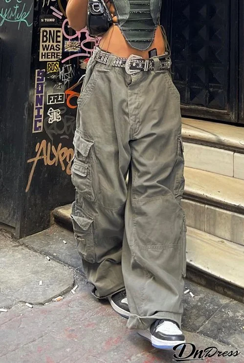 Casual Street Trend Woven Wide-Leg Casual Pants Multiple Pockets Design Cargo Pants For Women