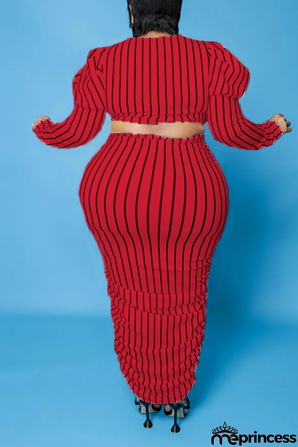 Yellow Casual Striped Split Joint O Neck Pencil Skirt Plus Size Two Pieces