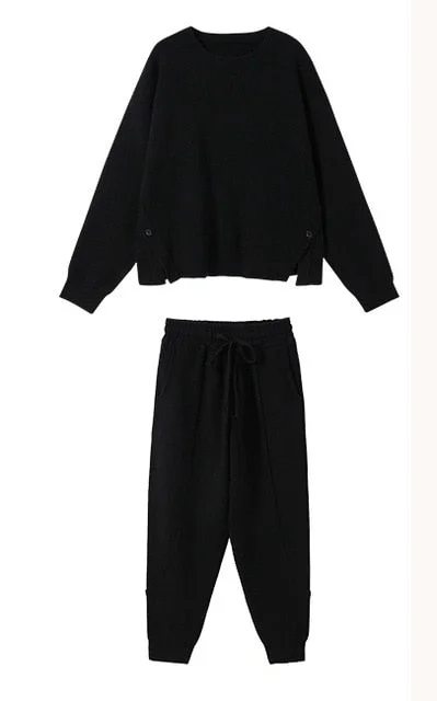 Chic Women Sweater Pullovers & Elastic Waist Harem Pants Autumn Winter Female 2 Pieces Knitted Set
