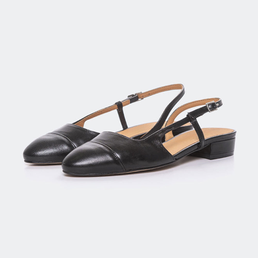 Almond Toe Low Block Heel Buckle Strap Slingback Shoes in Black Nicepairs