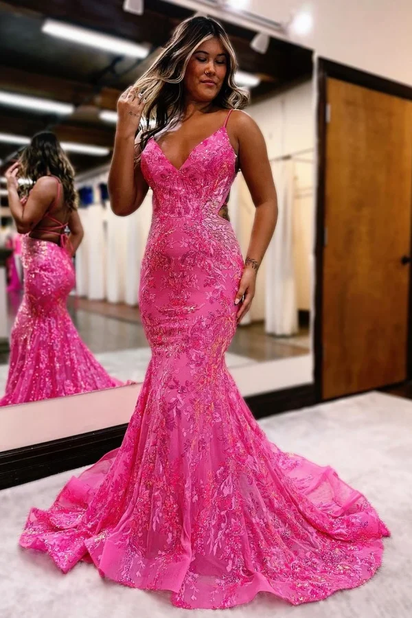 Pink Sequins Prom Dress Mermaid Sleeveless Backless Spaghetti Straps YH0010