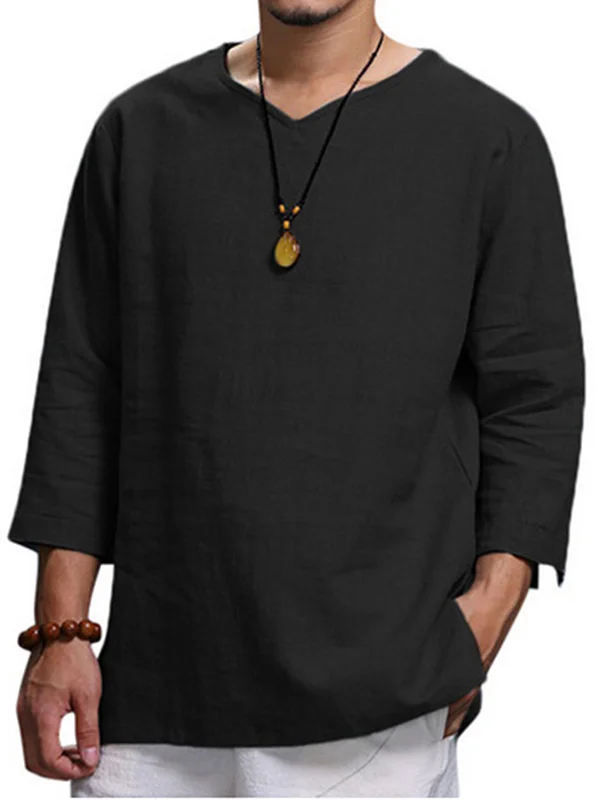 Men's Casual Plain V Neck Three Quarter Sleeve Linen T-Shirt