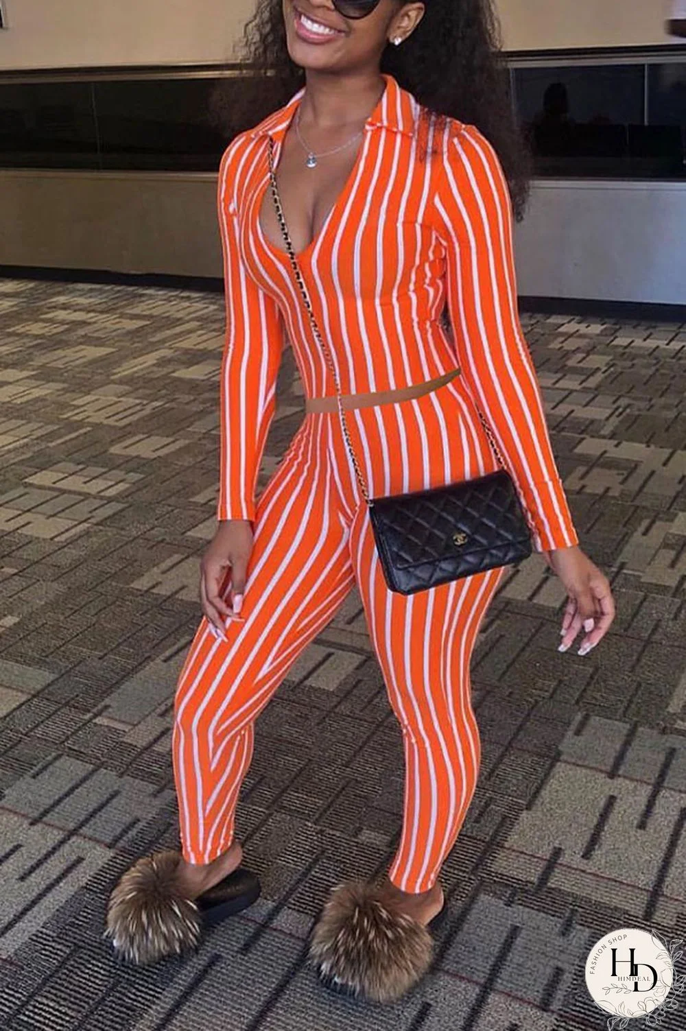 Orange Polyester Sexy Print pencil Long Sleeve Two Pieces