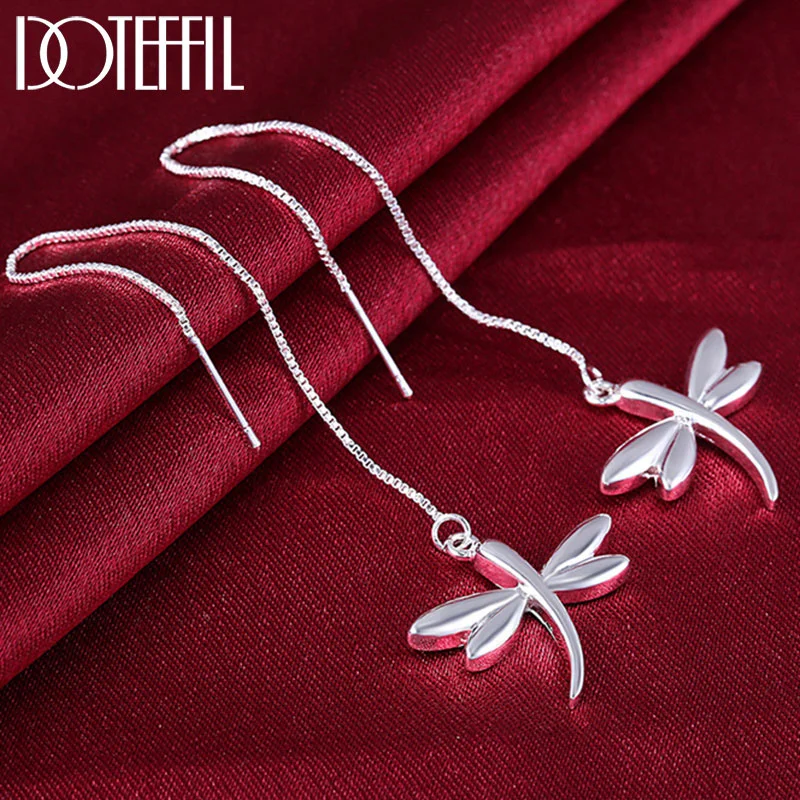 DOTEFFIL 925 Sterling Silver Dragonfly Earline Drop Earring Charm Women Jewelry 
