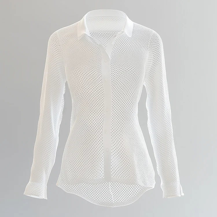 Ursime Mesh Hollow Out Turndown Collar Long Sleeve Button Blouse