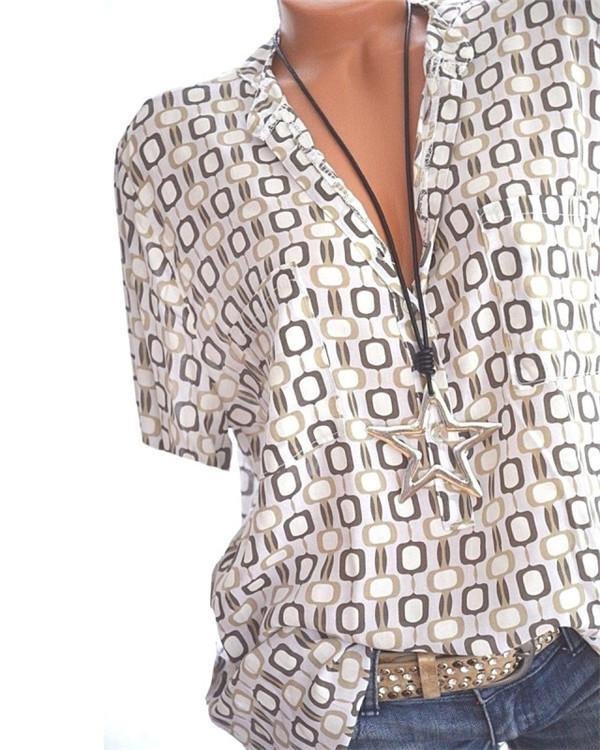 Band Collar Loose Fitting Geometric Short Sleeve Blouses