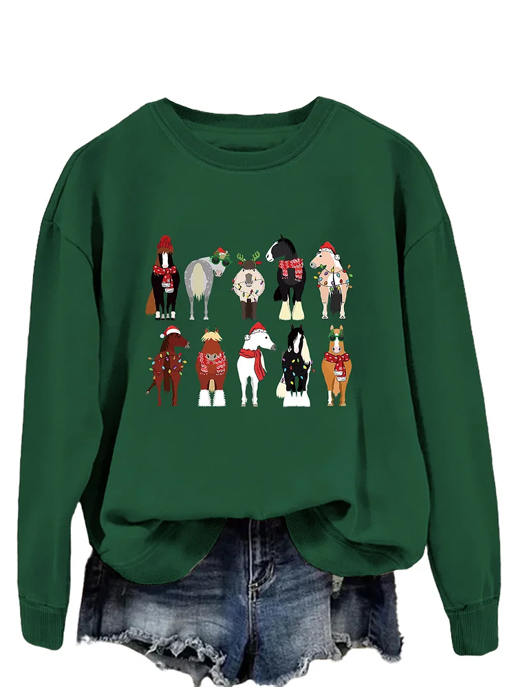 Womens Merry Christmas Crewneck Sweatshirt Funny Horse Celebrate Holiday Sweatshirt