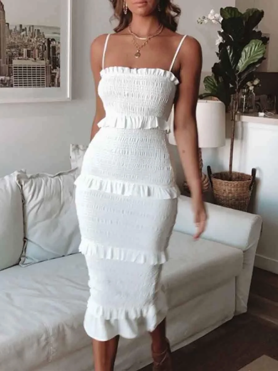Solid Color Sexy Sling Smocked Dress