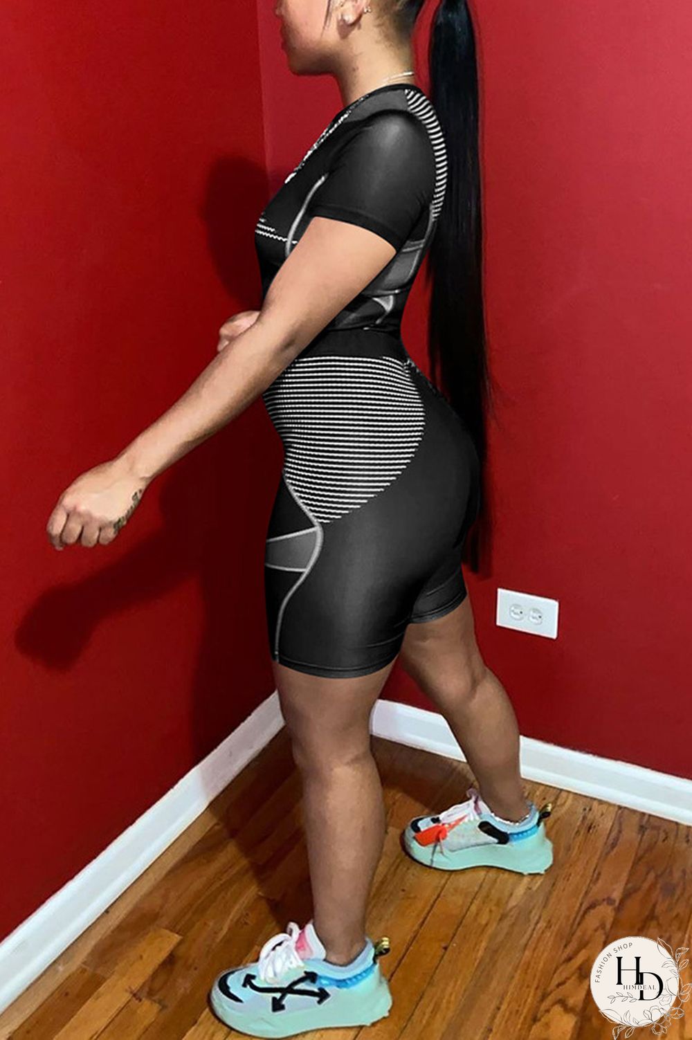 Dark Gray knit Sexy Patchwork Print Straight Short Sleeve Two Pieces