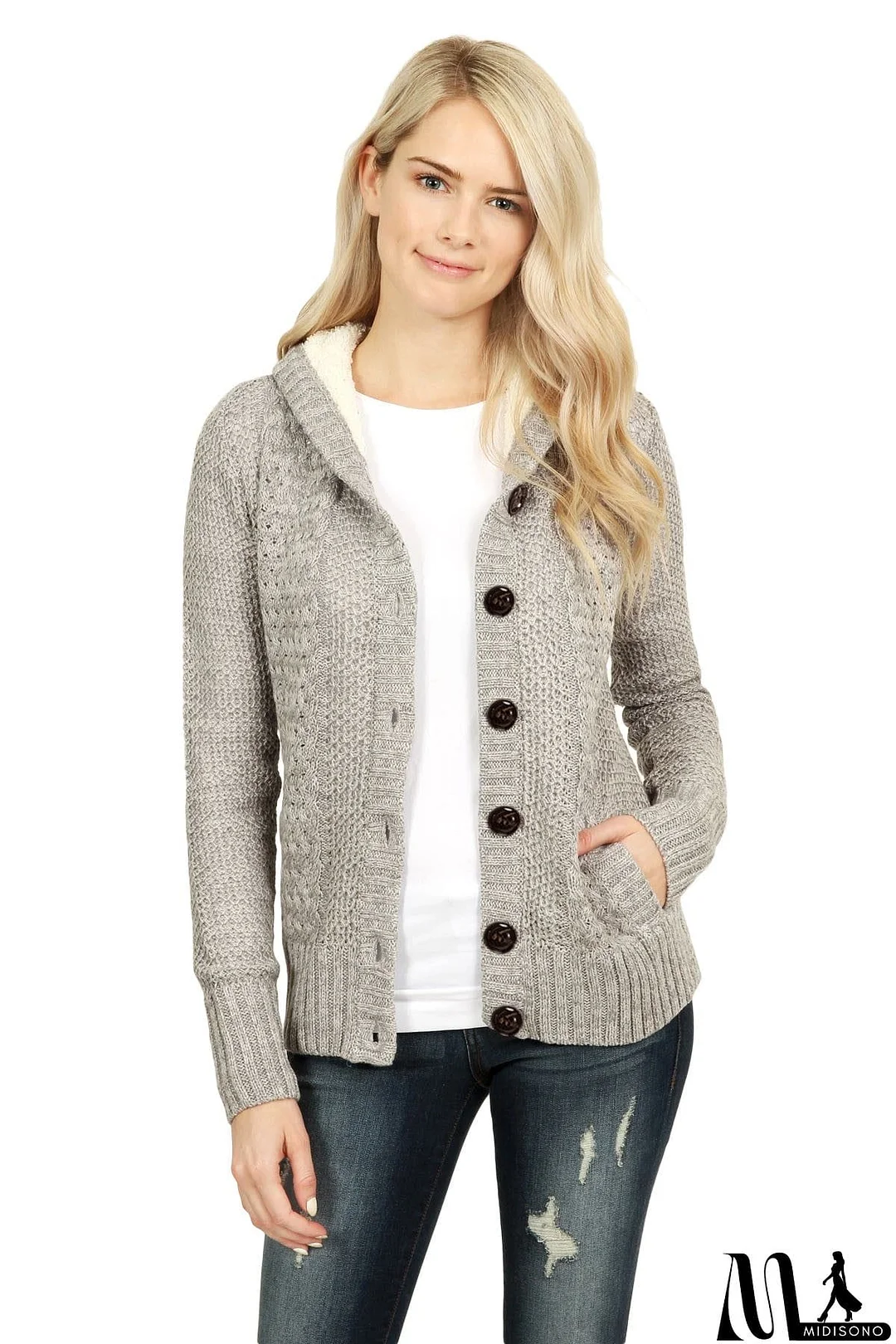 MidiSono - Fleece Hooded Gray Button Cardigan Sweater