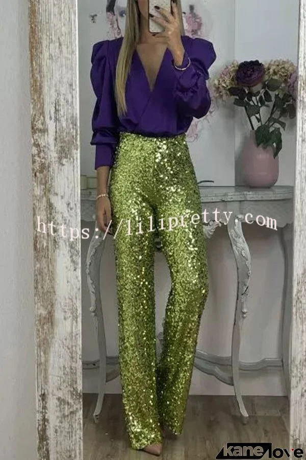 Glitzy Glamour Sequin High Rise Elastic Waist Wide Leg Pants