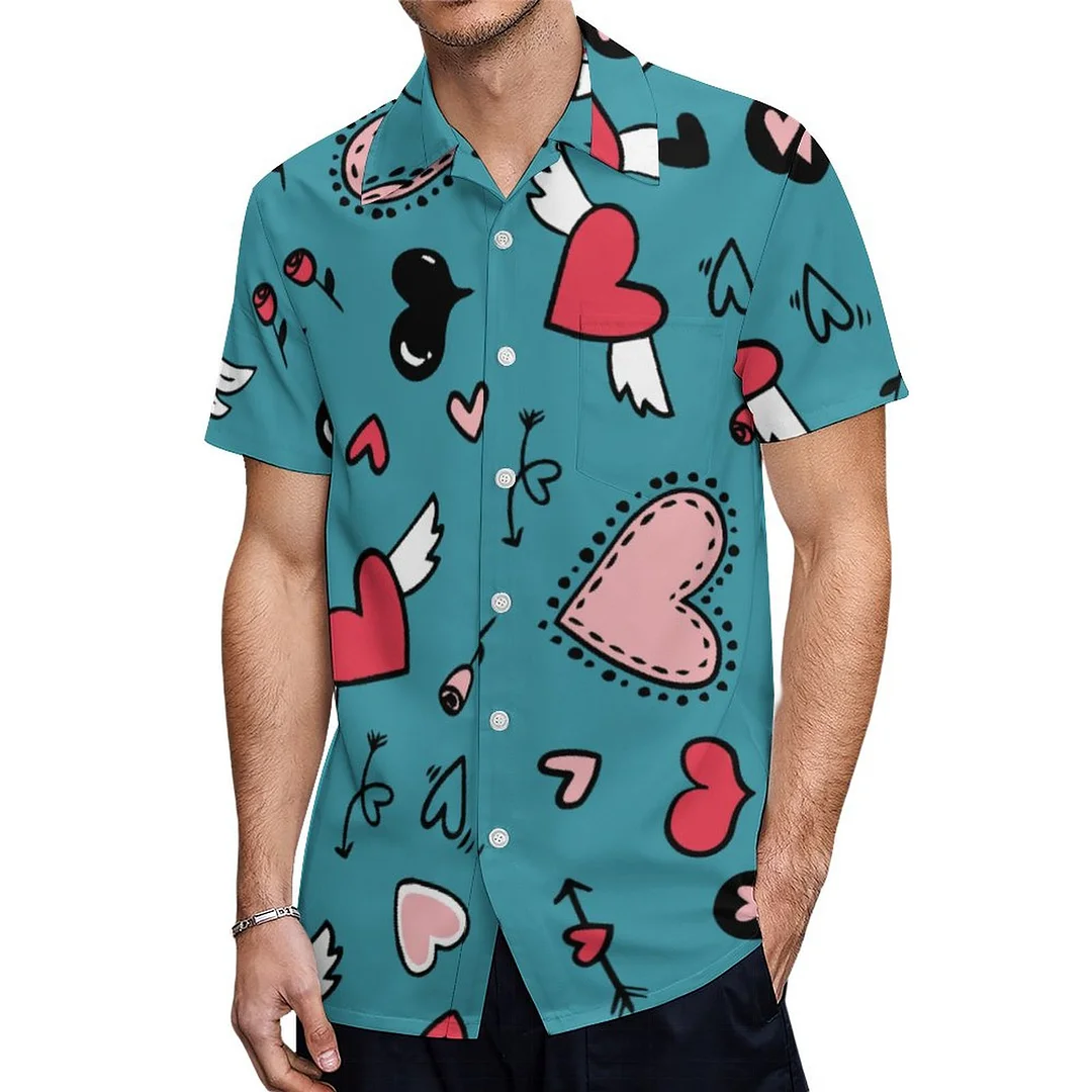 Short Sleeve Doodled Valentines Day Hawaiian Shirt Mens Button Down Plus Size Tropical Hawaii Beach Shirts