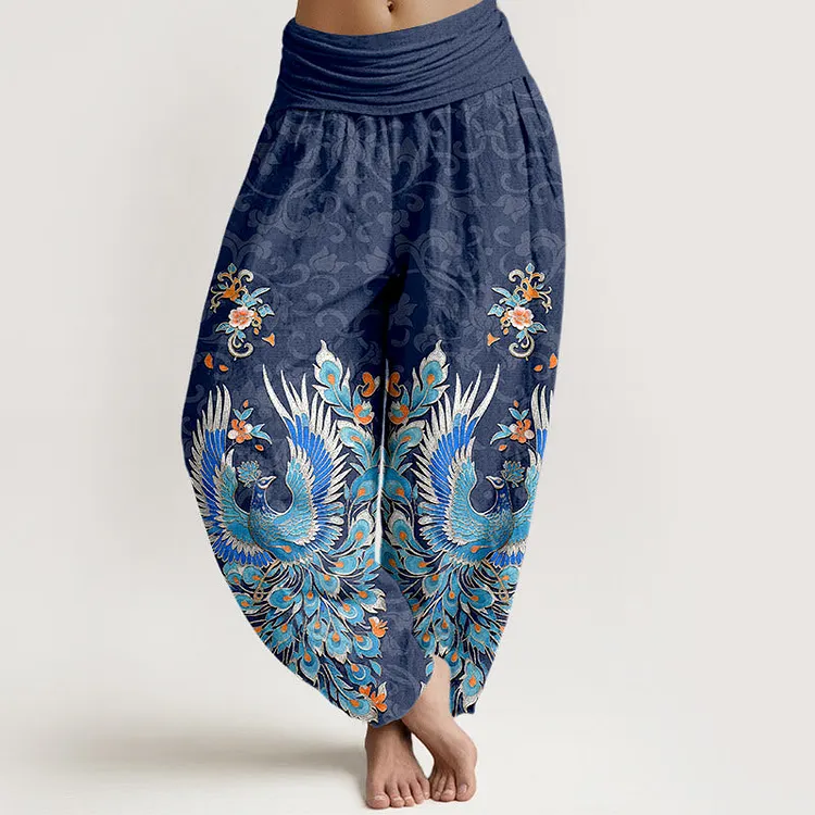 Cotton Phoenix Peach Blossom Pattern Women's Elastic Waist Harem Pants