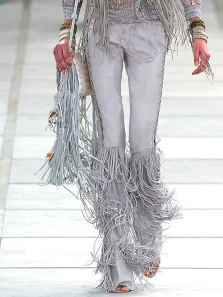 Fashion Solid Color Fringe Spliced Skinny Long Pants
