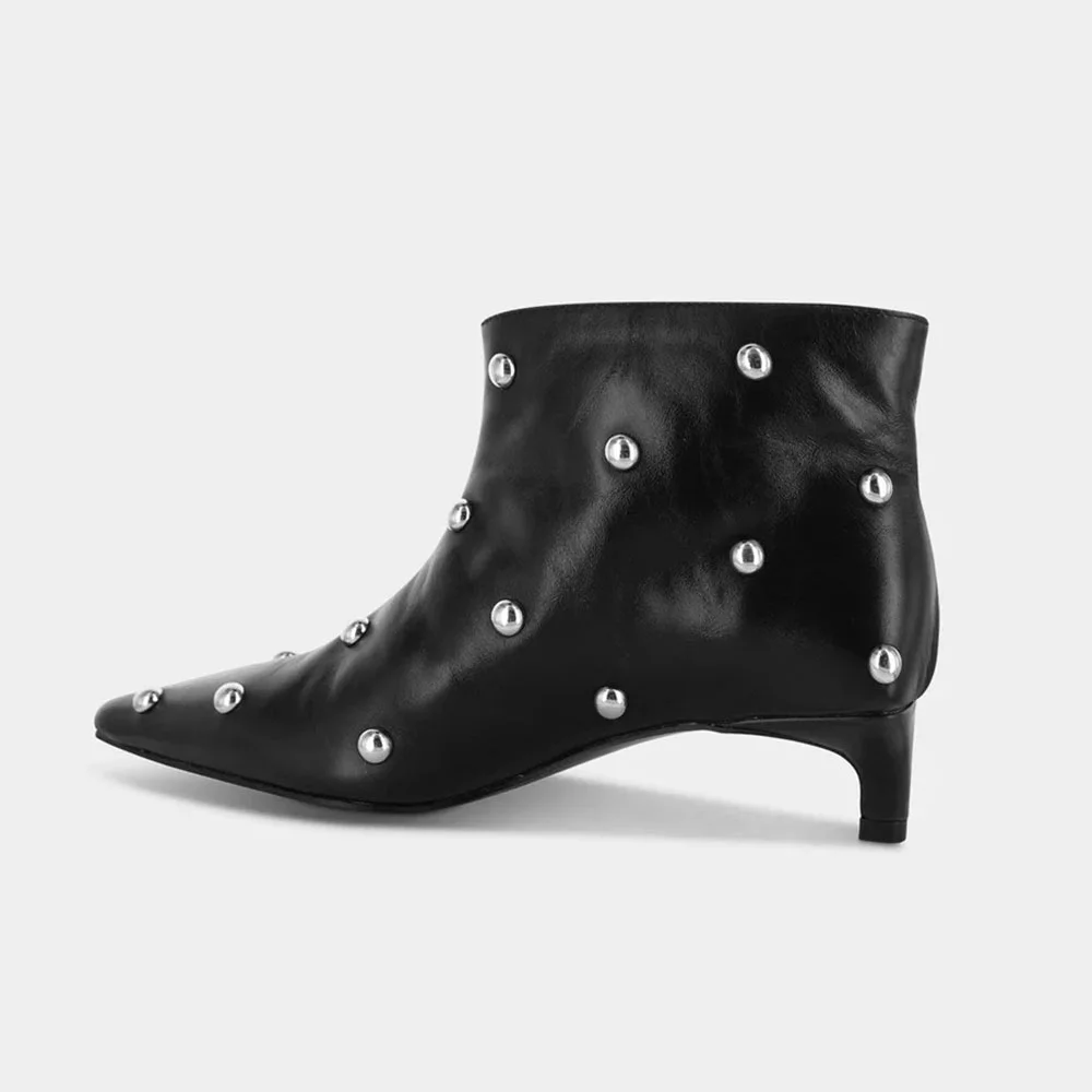 Women's Short Black Pointed Toe Studded Slip On Kitten Heel Boots