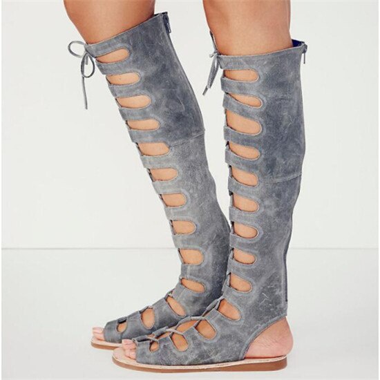 GOOSHOE Leather Sandals Boots Flat Shoes Woman Cut Outs Cross Tied Lace Up Knee High Boots Roman Sandals Botas Mujer