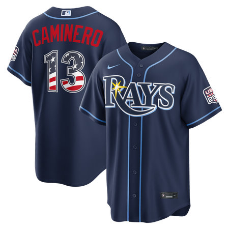 Youth Tampa Bay Rays #13 Junior Caminero Nike Navy USA 250 Fourth of July Road Stadium Jersey