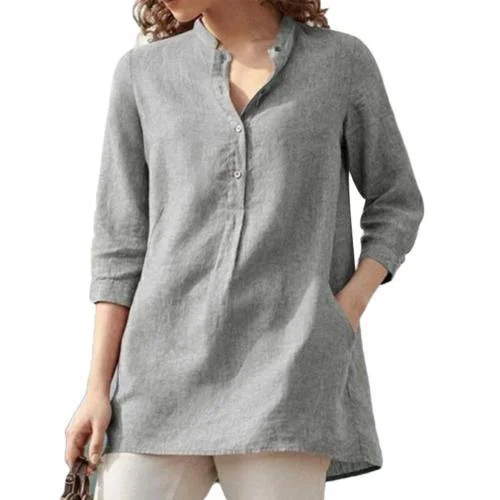 Casual Women Solid Color 3/4 Sleeve Pockets Buttons Cotton Linen Plus Size Shirt Solid color easy to pair with variety of pants