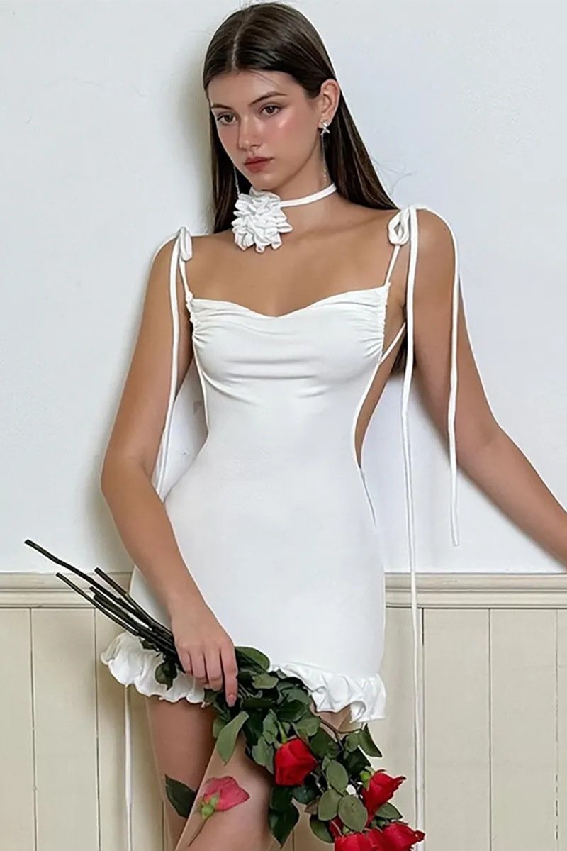 Tie Up Shoulder Straps Slim Fit Backless Ruched Ruffled Mini Dresses-White