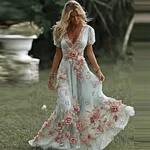 Women's Vintage Pink Rose Embroidered Art Pattern V-neck Short Sleeve Midi Dress - Image 4