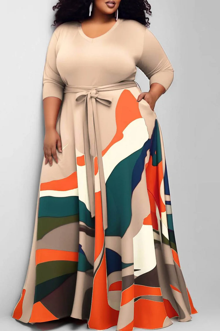 Plus Size Casual Dress Khaki All Over Print Round-Neck Knitted Maxi Dress With Pocket