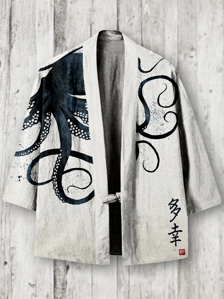 Octopus Japanese Calligraphy Art Linen Blend Kimono Cardigan