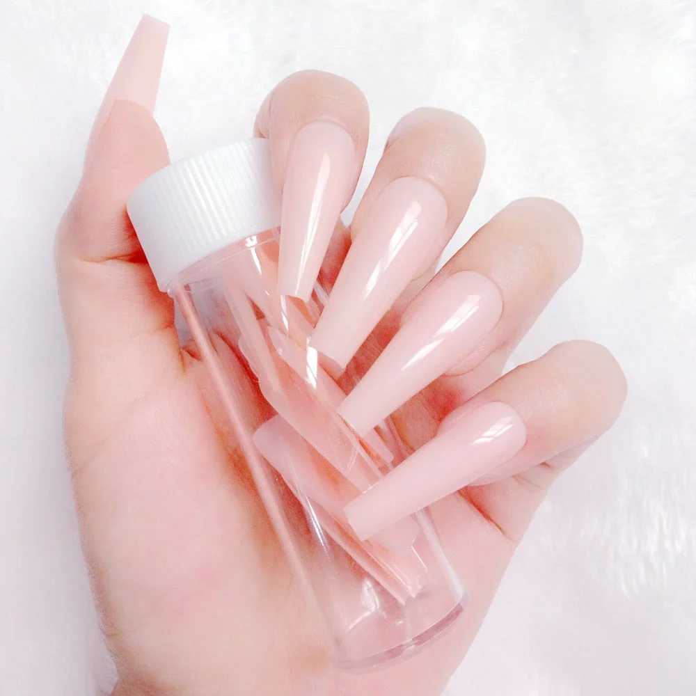 24Pcs Super Long Ballerina Coffin False Nails Glossy Light Pink Artificial Press On Nails Full Cover Fingernails Manicure Tool-Nail Inspo