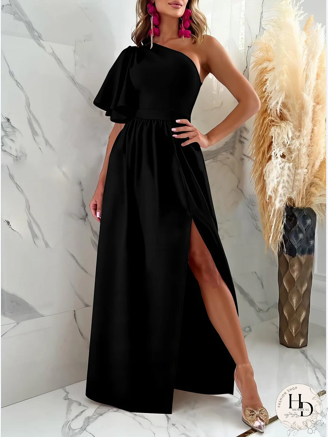 Solid Sloping Shoulder Slit Dress