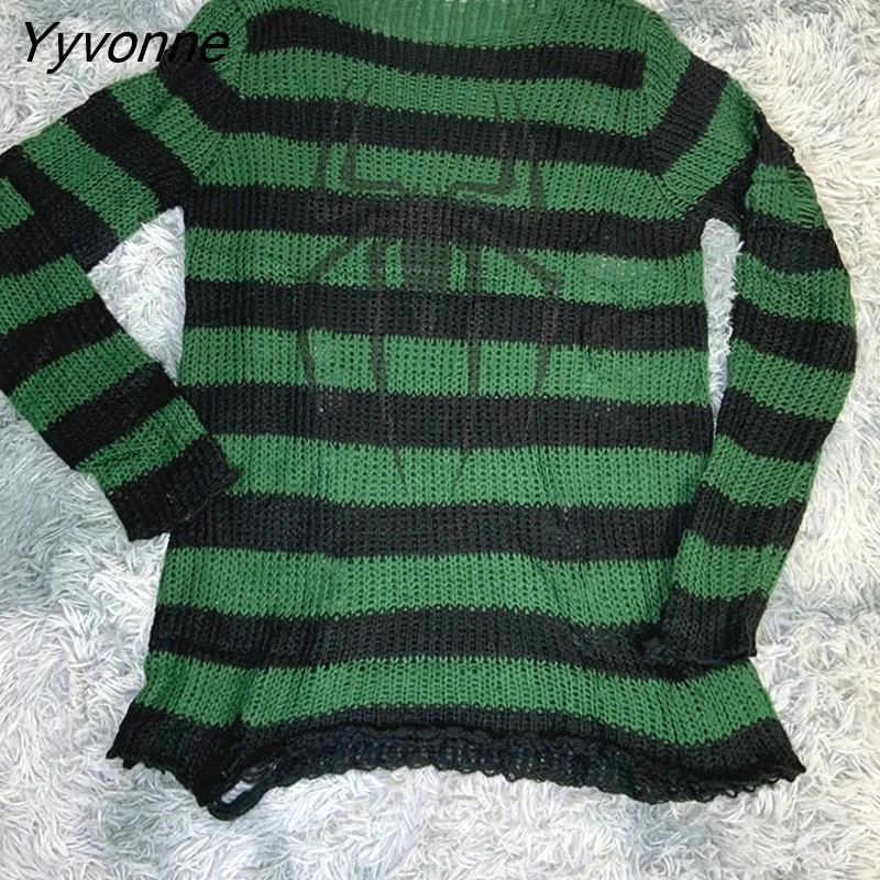 Yyvonne Size Punk Gothic Long Unisex Sweater Dress Cool Hollow Out Hole Broken Jumper Loose Rock Thin Sweter 2023 Women Man Striped 305-0