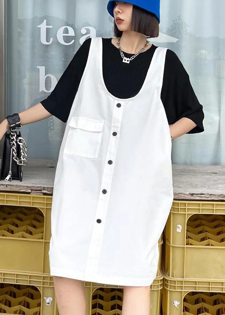 Natural White Pockets Cotton Button Summer Long Dress