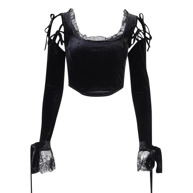 InsDoit Sexy Lace Hollow Out Black T Shirt Goth Vintage Bandage Long Sleeve Crop Top Women Aesthetic Bodycon Spring Autumn Top