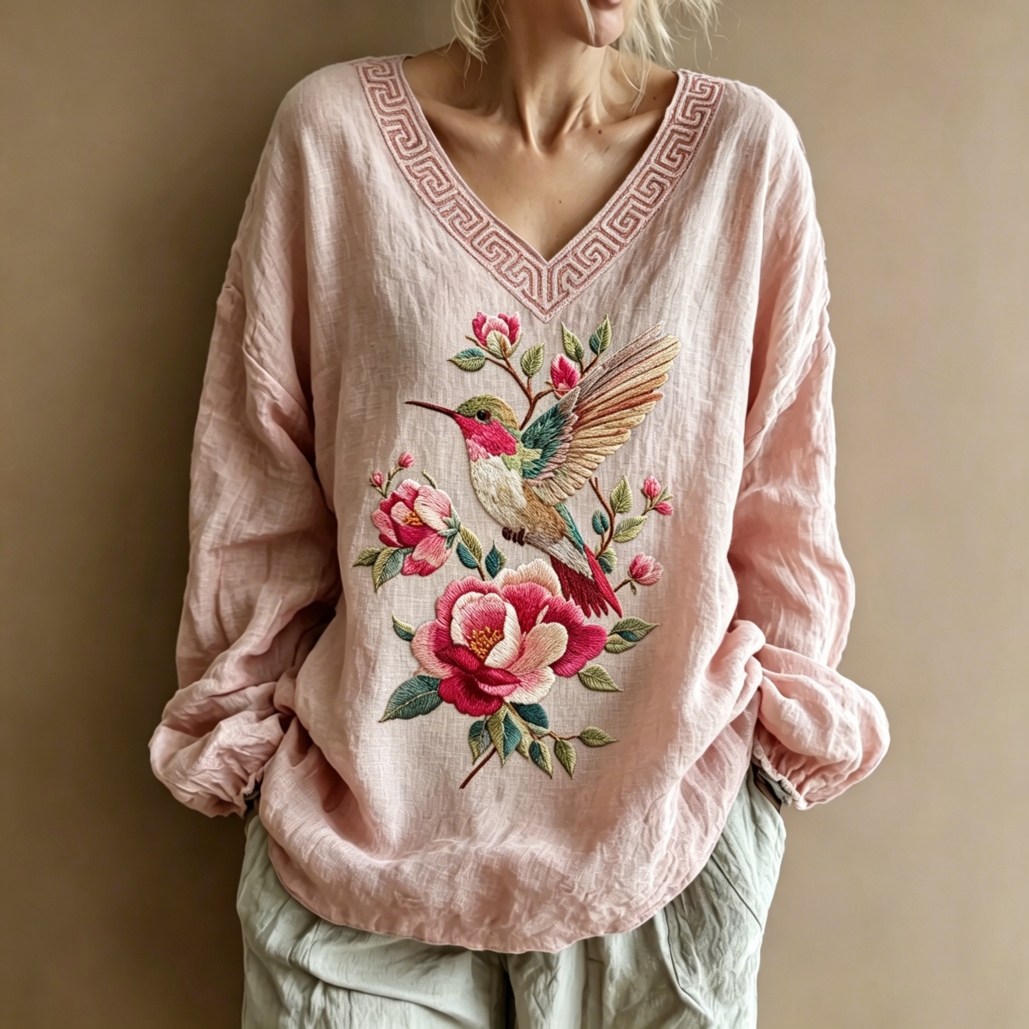 Women's Retro Floral And Bird Art Print Long-sleeve T-shirt elevenforest