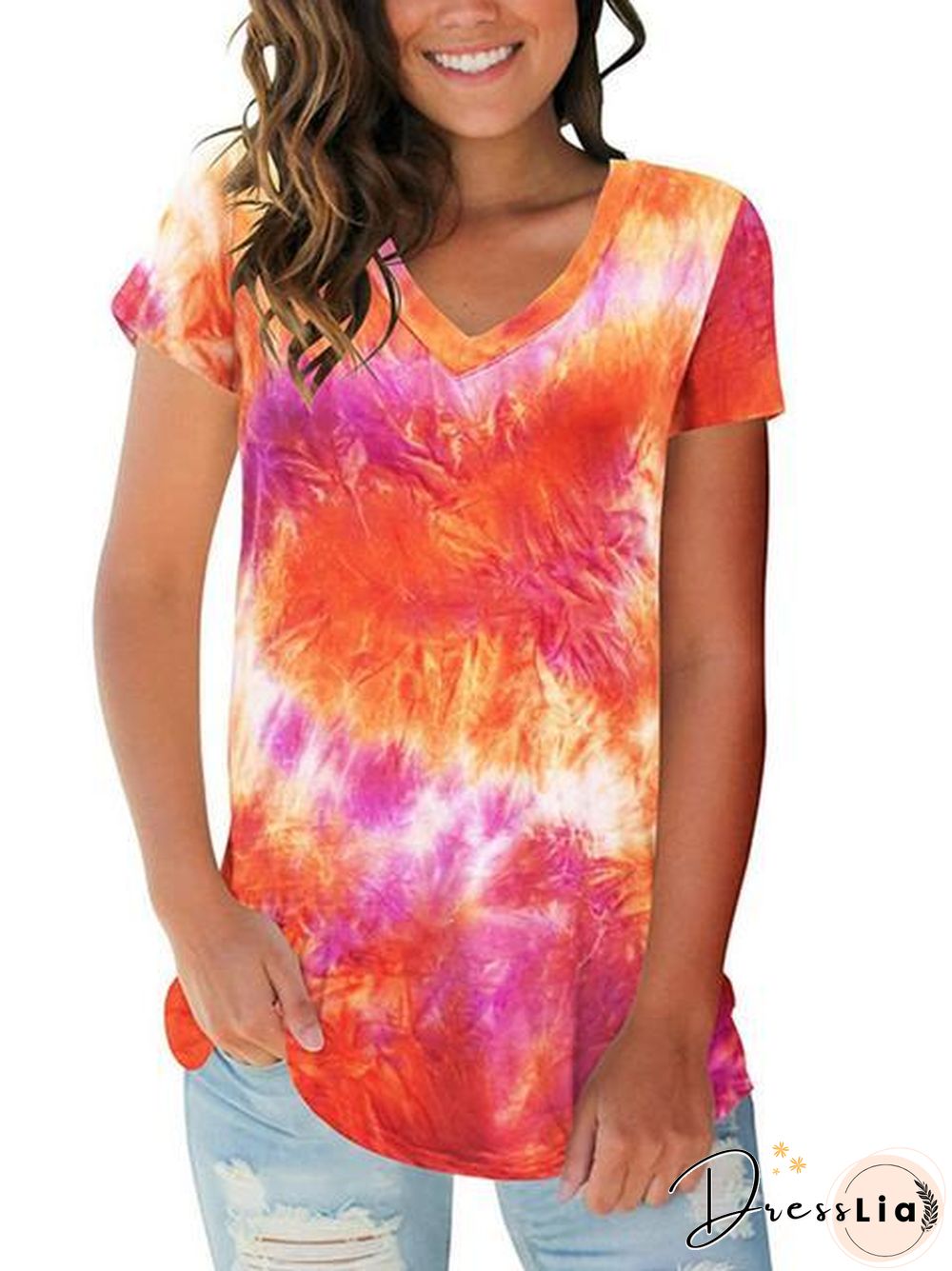 Tie-Dye Print V-Neck Loose T-Shirt