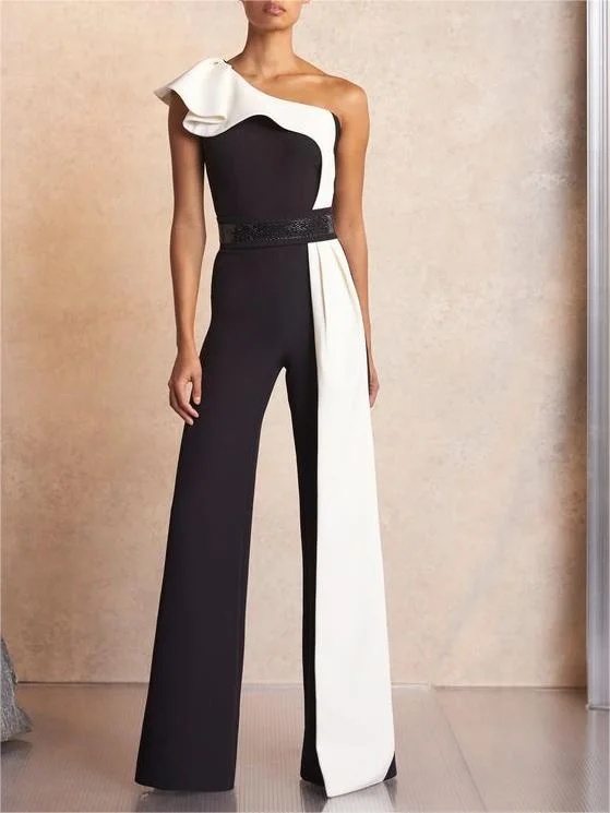 Full Length Asymmetric Sexy Color Block Mid Waist Women's Jumpsuit