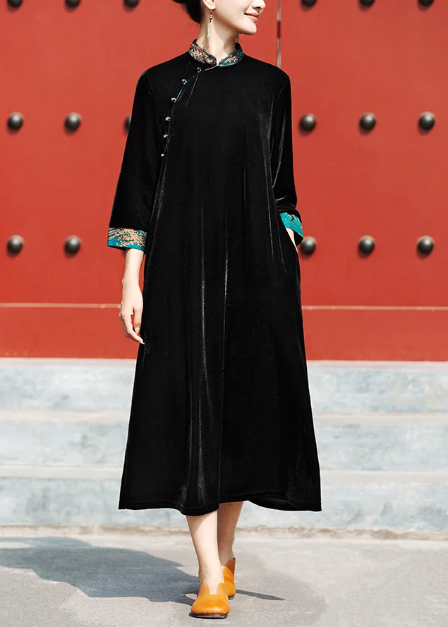 Chinese Style Black Stand Collar Button Patchwork Silk Velour Dress Fall